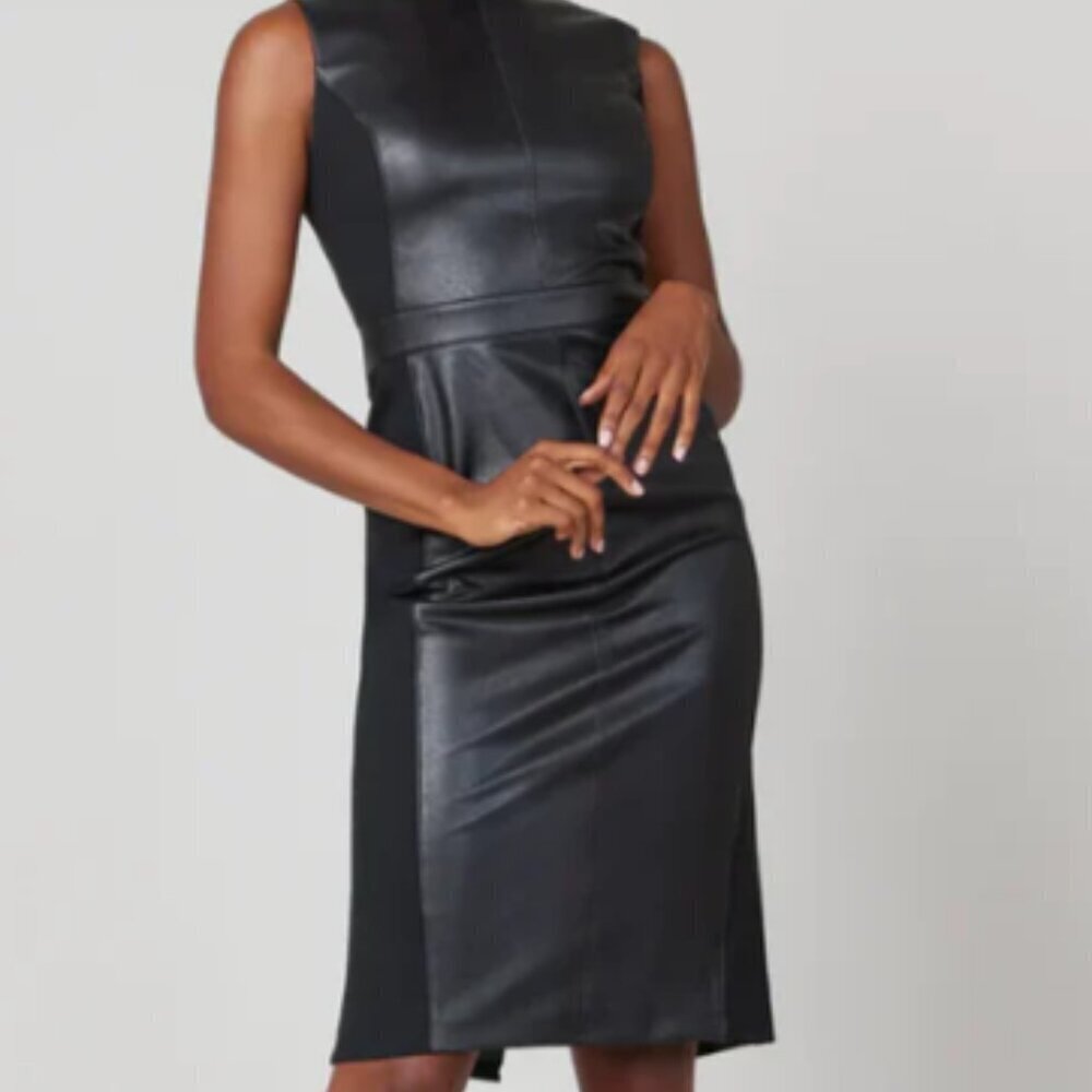 SPANX Combo Leather Like Luxe Sheath Black Vegan Stretch Dress Large LIKE NEW